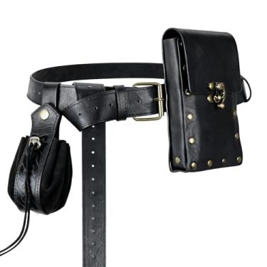 Imagem de Bolsa de cinto renascentista, bolsa de couro de pirata viking medieval, conjunto de garrafa de poção, saia, caminhada, Halloween, cosplay, acessório para fantasia, 2 bolsas - preto, Belt Pouch
