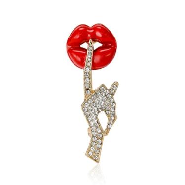 Imagem de RLHRNDE Broche sexy de lábios vermelhos para mulheres, homens, strass, gestos silenciosos, broches, alfinetes de lapela, moda, roupas elegantes, chapéu, bolsa, acessórios, joias, presente para amantes