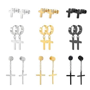 Imagem de RLHRNDE Conjunto de 9 pares de brincos cruzados para homens e mulheres, minimalista, unissex, punk, ouro, prata, preto, cruz, argola articulada, brincos hipoalergênicos, de aço inoxidável, adequados