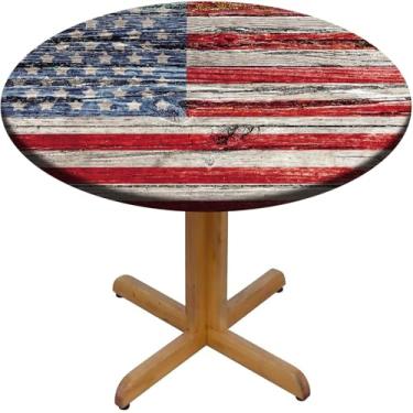 Imagem de EGVRNFJM Toalha de mesa redonda com bandeira dos EUA, bandeira americana pintada antiga em cerca de madeira escura, capas de mesa de poliéster com forro de flanela para mesas de 71 cm, para