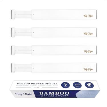 Imagem de Pacote com 4 divisórias de gaveta de bambu grandes, 5,7 cm de altura, 44,5-56 cm organizadores de gaveta expansíveis para cozinha, cômoda, banheiro, gaveta, mesa