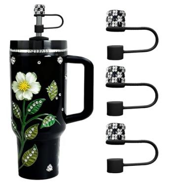 Imagem de JIASHEBDE Conjunto de 3 peças de diamante para acessórios Stanley Cup, capas de strass brilhantes para copos de 850 g 1,134 g, tampas reutilizáveis à prova de poeira, presentes femininos (preto)