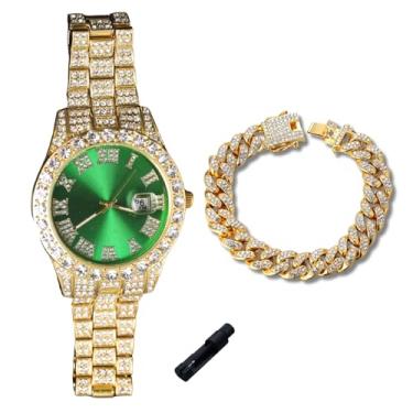 Imagem de genkigold Relógio de diamante dourado para meninos adolescentes - mostrador redondo com algarismos romanos de 42 mm em três cores - pulseira banhada a ouro real 18K de 20 cm - Inclui ferramenta de