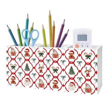 Imagem de Exqcom Porta-lápis de Natal vermelho e verde para mesa, decoração de escritório de Natal, árvore de Natal, bengala doce, rena, caixa de madeira, placa de bloco para decoração de mesa de escritório em