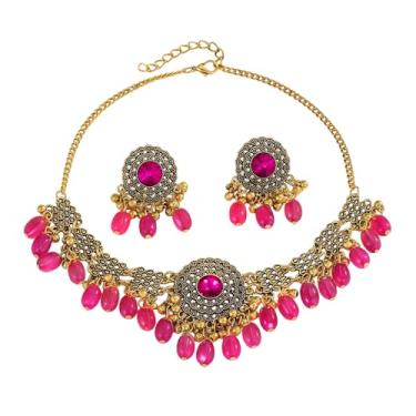 Imagem de Conjunto de colar de gargantilha com pingente de borla indiana com contas redondas CZ brincos gargantilha corrente ajustável para mulheres banhado a ouro Bollywood Uniqie moda joias modernas, Medium