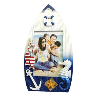 Imagem de Zovylks Moldura de madeira náutica para exibição de fotos de 10 x 15 cm, design costeiro com pingente de âncora de peixe, decorações marinhas, exibição de fotos em forma de barco (Cavalo-marinho