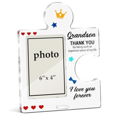 Imagem de XFFJGVR Porta-retrato para netos, presentes de avó, vovô, Natal, Dia dos Namorados, aniversário para neto, peça acrílica, quebra-cabeça, mesa, molduras, foto vertical de 15 x 10 cm