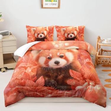 Imagem de AILONEN Jogo de cama solteiro fofo de panda vermelho, para crianças, adolescentes, meninas, folhas de bordo vermelho, edredom com 2 fronhas, conjunto de colcha de animais selvagens Kawaii, 3 peças