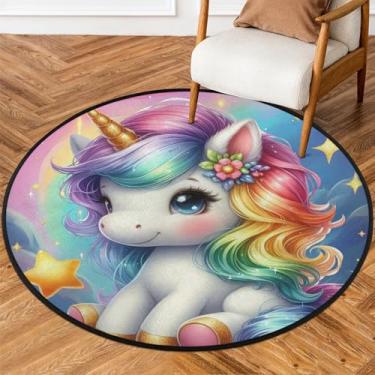 Imagem de Tapete redondo de 1,5 m arco-íris adorável unicórnio macio tapete de porta antiderrapante lavável tapete circular para quarto interno, berçário, sala de estar, cozinha, banheiro, entrada, decoração de