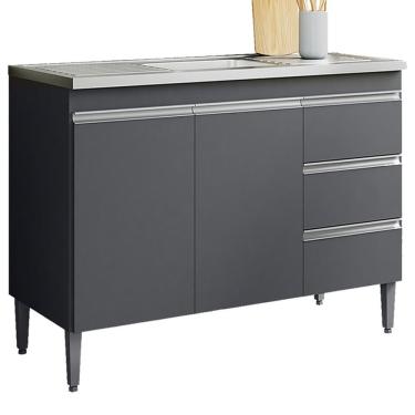 Imagem de Balcão Pia Sem Tampo 2 Portas 3 Gavetas 97 Cm Andreia Cinza Reajl Moveis