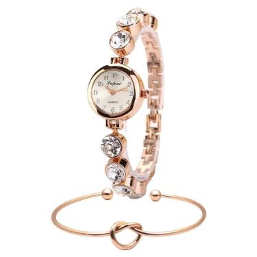 Imagem de Relogio Feminino Dourado Quartz Pedras Flor Kit Bracelete-Feminino