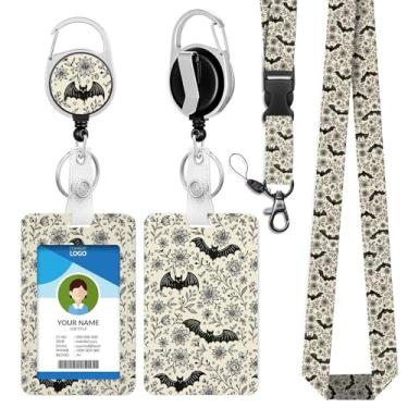 Imagem de IBOVODI Cordão de Halloween para crachás de identificação, suporte de crachá floral de morcego gótico com clipe de mosquetão retrátil, cordão ajustável para professor com suporte de identidade, crachá