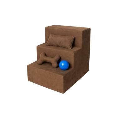 Imagem de NicoBia Escadinha Pet para Cães Pequenos, 3 Degraus em Suede, com Travesseiro, Osso e Bolinha, Estrutura MDF, para Sofá e Cama, 42x30x32 cm (Marrom)