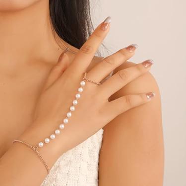 Imagem de Pulseira feminina de corrente de pérolas com corrente de dedo, joia de corrente de mão ligada na moda, pulseira de dedo minimalista com elos de pérola, acessório de mão boho para festas, encontros e