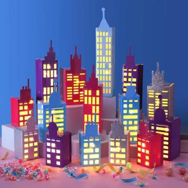 Imagem de Kolldenn 15 caixas de lembrancinhas de festa de herói, arranha-céus, 3D, arranha-céus, arranha-céus, edifícios, heróis, doces, presentes, decorações de centro de mesa, artigos de festa de aniversário