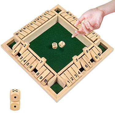 Imagem de CRETVIS 1-4 Players Shut The Box Dice Game, 10 Numbers Traditional Wooden Pub Bar Board Family Table Mat Game Dice for Kids and Adults