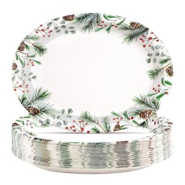 Imagem de 50 peças de pratos ovais de Natal, 25,4 x 30,5 cm, grandes, folhas de azevinho, frutas vermelhas, pratos descartáveis de jantar de Natal verdes e vermelhos para decorações de festa de casamento de