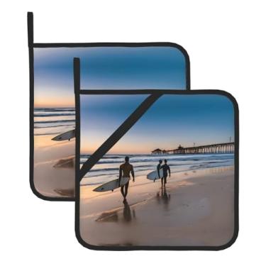 Imagem de Conjunto de tapetes quadrados resistentes ao calor com estampa do pôr do sol, 2 tapetes antiderrapantes com alças para pendurar, para proteção de balcão de cozinha e mesa de jantar.