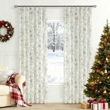 Imagem de Cortinas de linho floral verde-oliva plissadas para sala de estar, 213 cm de comprimento, estampa de flor de peônia, vintage, boho, casa de fazenda, filtro de luz, beliscão, plissado, cortinas para