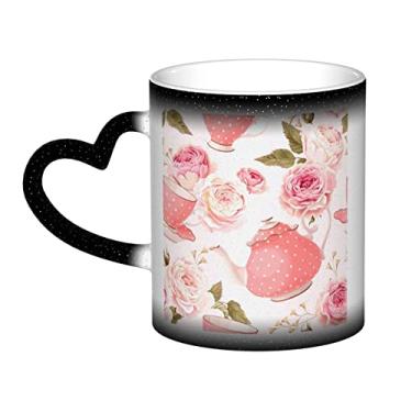 Imagem de Xícaras de chá com rosas românticas gastas e divertidas, xícara de cerâmica mágica sensível ao calor que muda de cor 12 Oz, para café/chá/leite/cacau, para adolescente/aniversário/festival/presentes