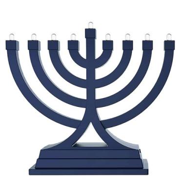 Imagem de Zion Judaica Mini LED Hanukkah Menorá Bateria ou Operado por USB - Várias configurações de luz em movimento Hanukkiah para decorações de Chanukah (azul)
