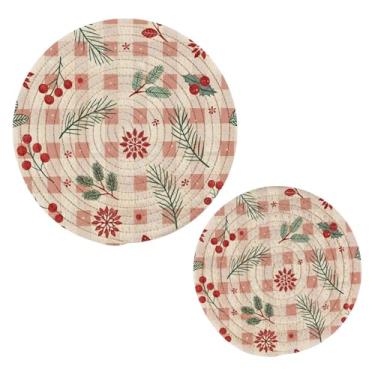 Imagem de Wassud Conjunto de trivet de guingão vintage de Natal para pratos quentes, suportes redondos de algodão, almofadas quentes, porta-copos elegantes, decoração de cozinha e acessórios, 2 peças