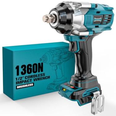 Imagem de Chave de impacto sem fio de 1/5.1 cm para bateria Makita de 18 V, 1200 N. m), ferramenta elétrica sem escova, chave de impacto de alto torque de 2100 RPM com luz de trabalho LED, apenas ferramenta