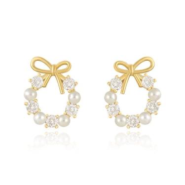 Imagem de Brincos de laço femininos modernos de ouro brincos delicados pequenos brincos de laço de pérola de Natal, Metal, Sem pedra preciosa
