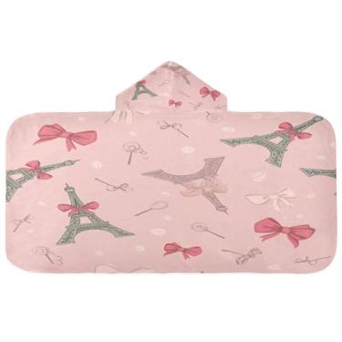 Imagem de Burbuja Torres Eiffel fofas com laços, toalha de banho com capuz para crianças, toalha de praia de pelúcia macia absorvente para meninas e meninos 3-10 anos, 61 x 127 cm
