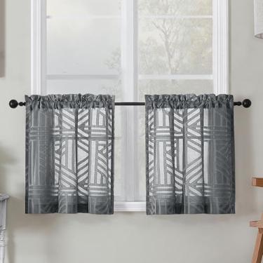 Imagem de Simplebrand Cortinas de cozinha cinza carvão transparente 61 cm de comprimento 2 painéis, cortina de janela curta semitransparente texturizada com filtro de luz geométrica jacquard para banheiro, 76 x