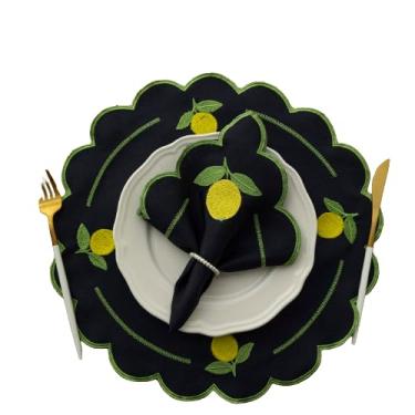 Imagem de Jogo Americano Marinho para Mesa Posta 6 Lugares – 12 Peças em Poliéster com Bordado Limão Siciliano 40 x 40 cm