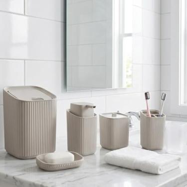 Imagem de Kit 5 Acessórios Saboneteira Sabonete Líquido e Barra, Lixeira Pequena, Porta Algodão e Estojo Dental (Cinza Claro)