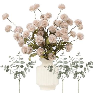Imagem de DuHouse Flores falsas para vaso Kiku 8 hastes e 3 eucaliptos, hastes de flores falsas para buquês de casamento faça você mesmo, centro de mesa, decoração de cozinha
