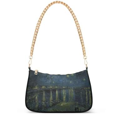 Imagem de Bolsas femininas de inverno com pintura de trem da vila fofas pequenas bolsas femininas bolsas femininas com corrente de ombro bolsas de ombro festa, Noite estrelada Rh?ne Van Gogh