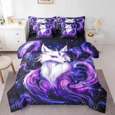 Imagem de Feelyou Conjunto de edredom solteiro com raposa, tamanho casal, roxo, raposa, 7 peças, para meninos, meninas, adolescentes, universo sideral, respirável, floresta, raposa, natureza, vida selvagem