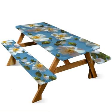 Imagem de ANNA QUEEN Conjunto de capa de mesa de piquenique de boneco de neve de Natal de 1,8 m com capas de banco, 3 peças, 183 x 76 cm, proteção de móveis para banco e toalha de mesa (flores brancas - céu