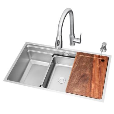 Imagem de Pia de cozinha de tigela única, pia nano de aço inoxidável em relevo, pias de cozinha, pia de estação de trabalho, pia moderna, pia embutida de fazenda, com torneira removível (70 * 44 cm)