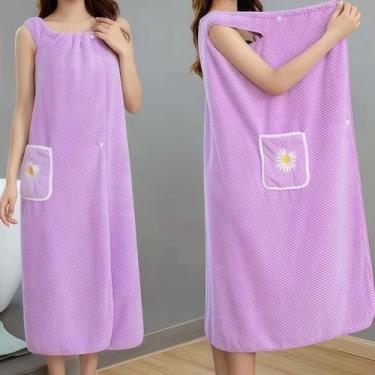 Imagem de Roupão de toalha de banho feminino, envoltório de lã coral macio com alças para spa, piscina, ioga - 99 x 128 cm, roupão de banho leve com bolso (roxo)