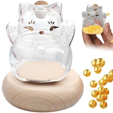 Imagem de Frasco de armazenamento de vidro Lucky Cat – pequeno recipiente de feijão dourado, garrafa transparente para economizar desafio, exibição decorativa com base de madeira, mini presente criativo para