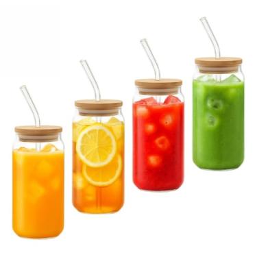 Imagem de Kit 1/2/3/4 Copos de Vidro 500ml com Tampa de Bambu e Canudo Reutilizável – 18 * 6.5cm, Passeios ao Ar Livre e Reuniões com Amigos(4 Unidades)