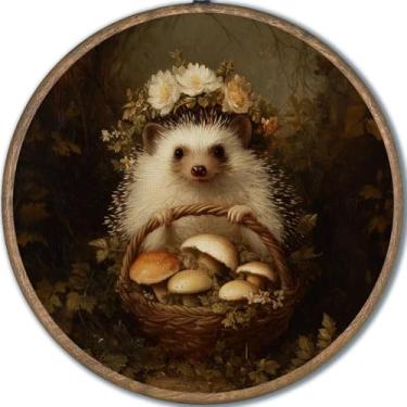 Imagem de WMSYUO Arte de parede vintage com moldura redonda para casa e gato, impressão retrô com acabamento fosco em tela animal, animais de fazenda pendurados para quarto, cozinha ou sala de estar 25 x 25 cm