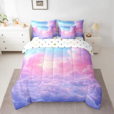 Imagem de Jogo de cama solteiro com céu nublado, 7 peças, arco-íris, lençol com edredom, fronhas, fofo, leve, respirável, ombré, céu estrelado, conjunto de edredom com lençóis