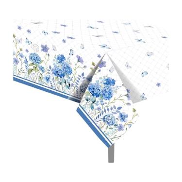 Imagem de Parrtty Hurrican 2 toalhas de mesa descartáveis de hortênsia azul, toalhas de mesa retangulares de plástico, adequadas para festas de aniversário, piqueniques ao ar livre e decorações de cozinha
