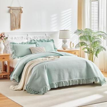 Imagem de Conjunto de colcha de cama king com babados verde sálvia, 3 peças, shabby chique, fazenda, listrada, capa de cama de microfibra macia e leve para todas as estações (1 colcha com babados + 2 fronhas)