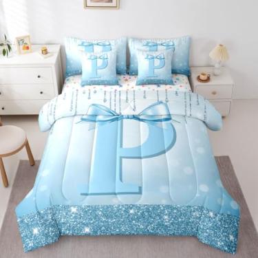 Imagem de Conjunto de cama casal com letra P, com letra P, para crianças e adultos, lençol com laço de alfabeto fofo em uma bolsa, conjunto de edredom com laços modernos e modernos