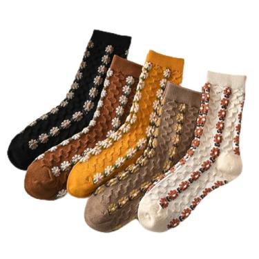 Imagem de 5 pares de meias femininas fofas de algodão com estampa retrô e pernas pequenas, lindas meias plissadas de renda
