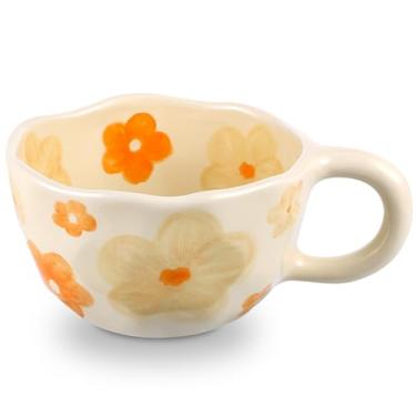 Imagem de NAYAHOSE Caneca de café de cerâmica, canecas de café criativas e fofas canecas de cerâmica com flores estéticas irregulares para mulheres latte chá leite aveia xícara de café da manhã, 250 ml (flor