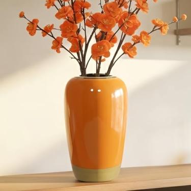 Imagem de GDSZJLJ Vaso de cerâmica de 24 cm em laranja, alto e moderno enfeite decorativo para casa, centro de mesa elegante para flores, perfeito para sala de estar, cozinha, escritório e decoração de