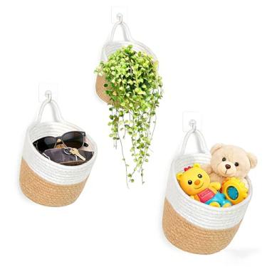 Imagem de Wycoroy Cesta suspensa – Cestas de parede de corda de algodão elegantes para organização, 3 pacotes de armazenamento sobre a porta e espaços pequenos – Organizador de casa decorativo natural