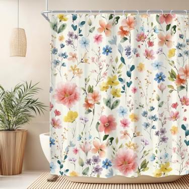 Imagem de Riyidecor Linda cortina de chuveiro floral para decoração de banheiro 152 cm L x 182 cm A vintage boho flores silvestres coloridas folhas de plantas arte botânica tecido impresso poliéster impermeável
